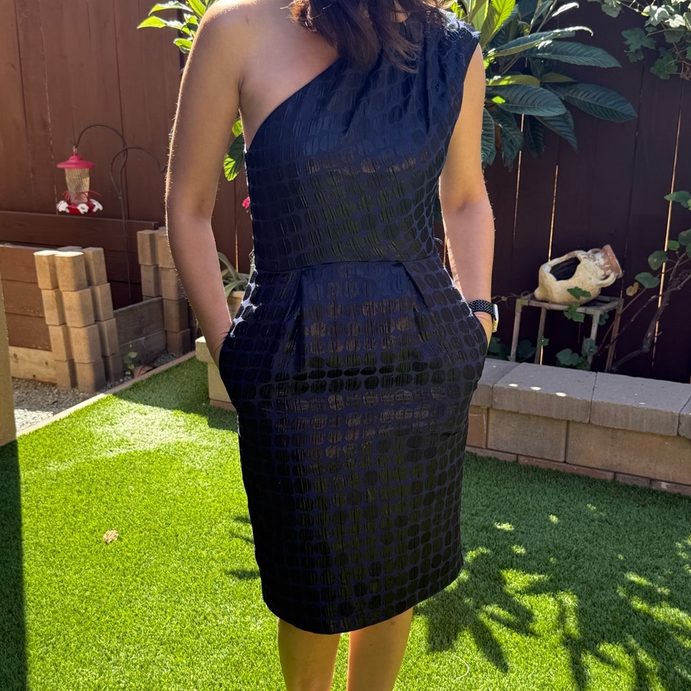 One shoulder, navy black polkadot dress